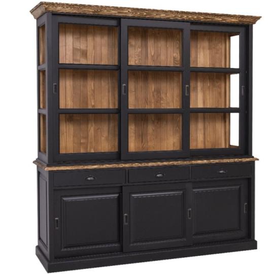 vintage fekete vitrines szekreny konyvszekreny rusztikus videki provence uveges tomorfa nagymeretu konyves butor.jpg